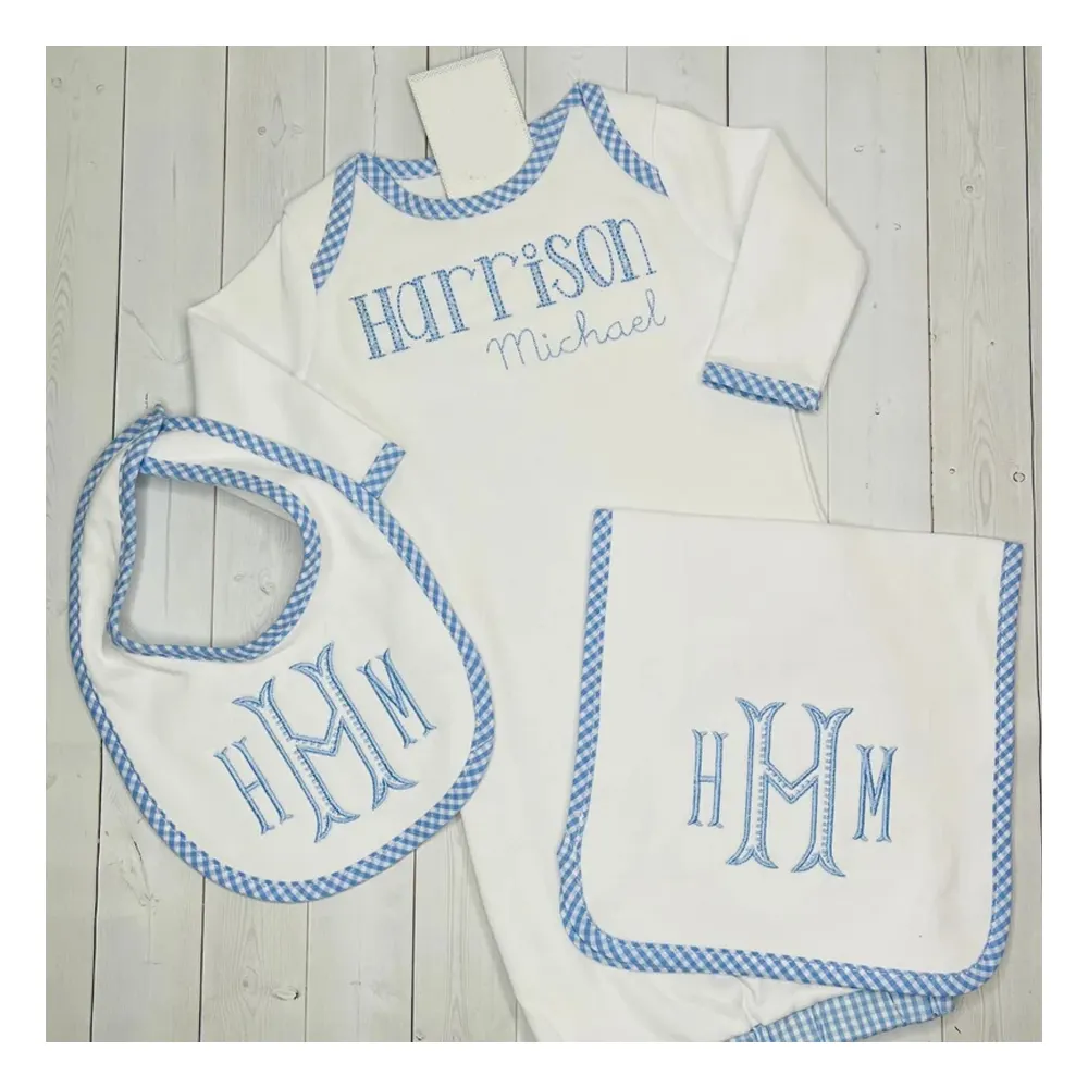 Monogrammed Baby Blank Gingham Trim Neugeborene Lätzchen Spuckt uch Set Geschenk Benutzer definierte Baumwolle Baby kleider