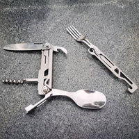 Ensemble de couverts de survie multifonctionnel en acier inoxydable pour le camping, couteau et fourchette détachables, ouvre-bouteille – Vente chaude