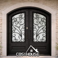 Puerta Doble de Entrada de Hierro Forjado Personalizada con Vidrio Arqueado para Entrada de Villa de Lujo