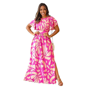 Vestido Maxi Casual con Estampado y Abertura, Cuello Redondo, Tipo Túnica, para Mujer, Venta al por Mayor - Product Image 3