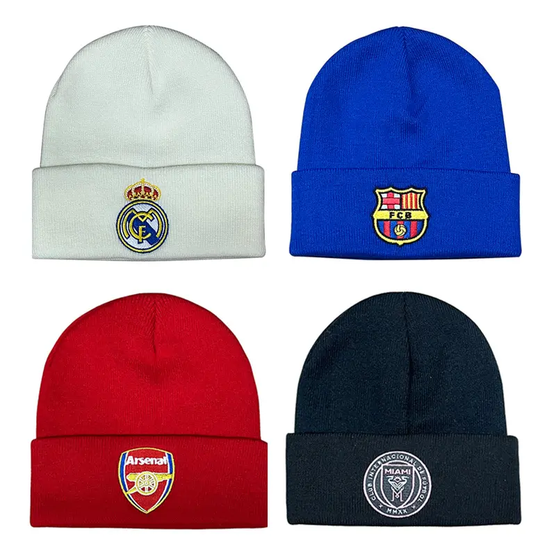 Topi rajut klub penggemar sepak bola, topi musim dingin Barcelona regang, topi wol musim dingin