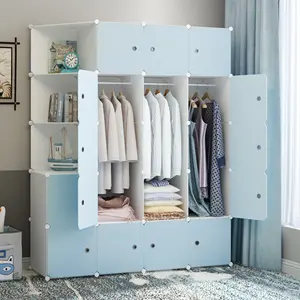 Factory Sell PP Portable Wardrobe Cabinet Storage Organizer DIY Home Furniture White with Blue Door Plastic Wardrobe Modern