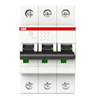 Disjoncteur tripolaire type D ABB S203-D20 20A 6kA, capacité de coupure 400V, montage sur rail DIN, adapté à la protection des charges inductives de moteur