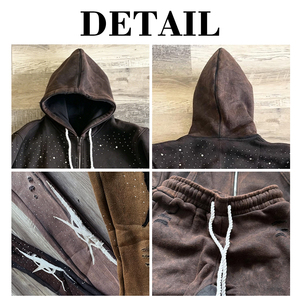 Ensemble sweat à capuche et pantalon évasé vintage vieilli avec broderie inversée personnalisée style streetwear - Product Image 6