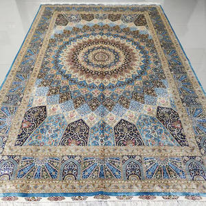 พรมไหมเปอร์เซียทำมือสีน้ำเงินขนาดใหญ่ 9x12 ฟุต พรมหรูหราสำหรับตกแต่งบ้านสไตล์โอเรียนทอล ดูไบ อุซเบกิสถาน รัสเซีย สำหรับห้องนั่งเล่น - Product Image 1