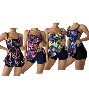 Mulheres Plus Size Beachwear Tankini Floral Impresso 2pcs Maiô com Boyshorts Maiô Swimwear Feminino Sportswear biquíni