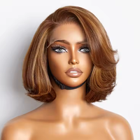 Perruque Humaine Luxe avec Mèches Colorées 5x5, Lace Closure, Cheveux Courts Dégradés, Ondulés, Lace Frontal, Coupe Pixie Bob