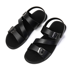 Sandales à brides croisées en cuir véritable, bout ouvert, semelle extérieure en caoutchouc, fermeture à boucle, décontractées et respirantes pour homme, idéales pour l'été - Product Image 1