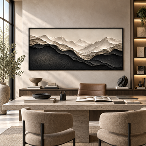 Peinture à l'huile texturée 3D paysage montagneux noir et blanc sur toile, art mural en relief superposé pour hôtel de luxe, bureau, salon - Product Image 4