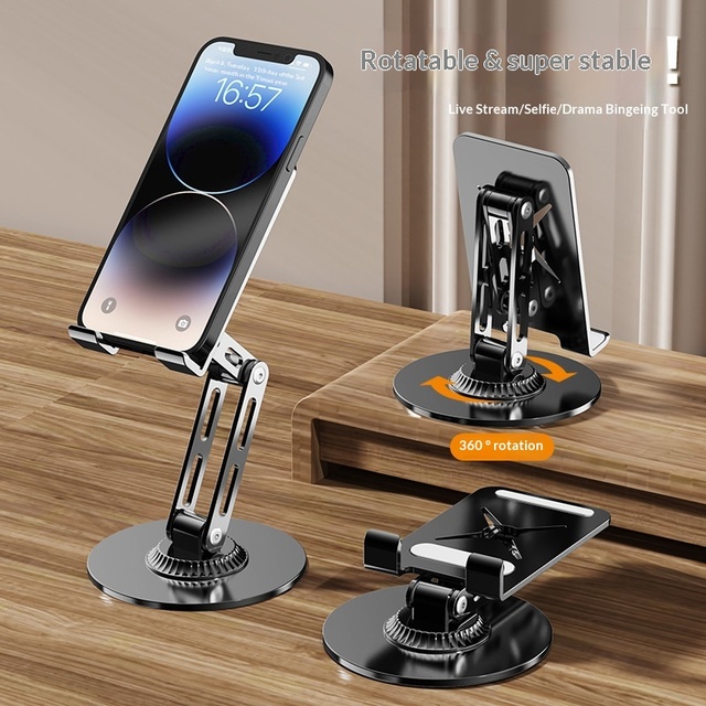 Foldable Portable All-Metal Phone Tablet Stand 360 Rotatable Multi-Angle Adjustable Flat Bracket Desktop Support for Desk Use