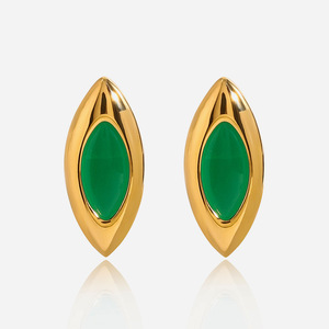 Stud Earrings 18k Gold Plated Stainless Steel Marquise Green Agate Bezel Setting For Women Gift Jewelry - Product Image 1