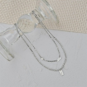 Collier double couche en acier inoxydable argenté, chaîne Figaro, pendentifs breloques rectangulaires vierges, design tendance - Product Image 5