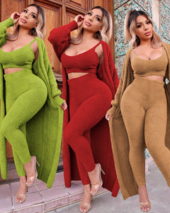 カジュアルセーターレディース居心地の良いニットスーツ女性パンツとロングコートカーディガンニット女性セーターファジー<span class=keywords><strong>3</strong></span>ピースセット女性 - Product Image 1