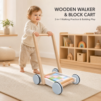 Chariot à pousser en bois pour tout-petits avec blocs colorés et plateau d'activités éducatives