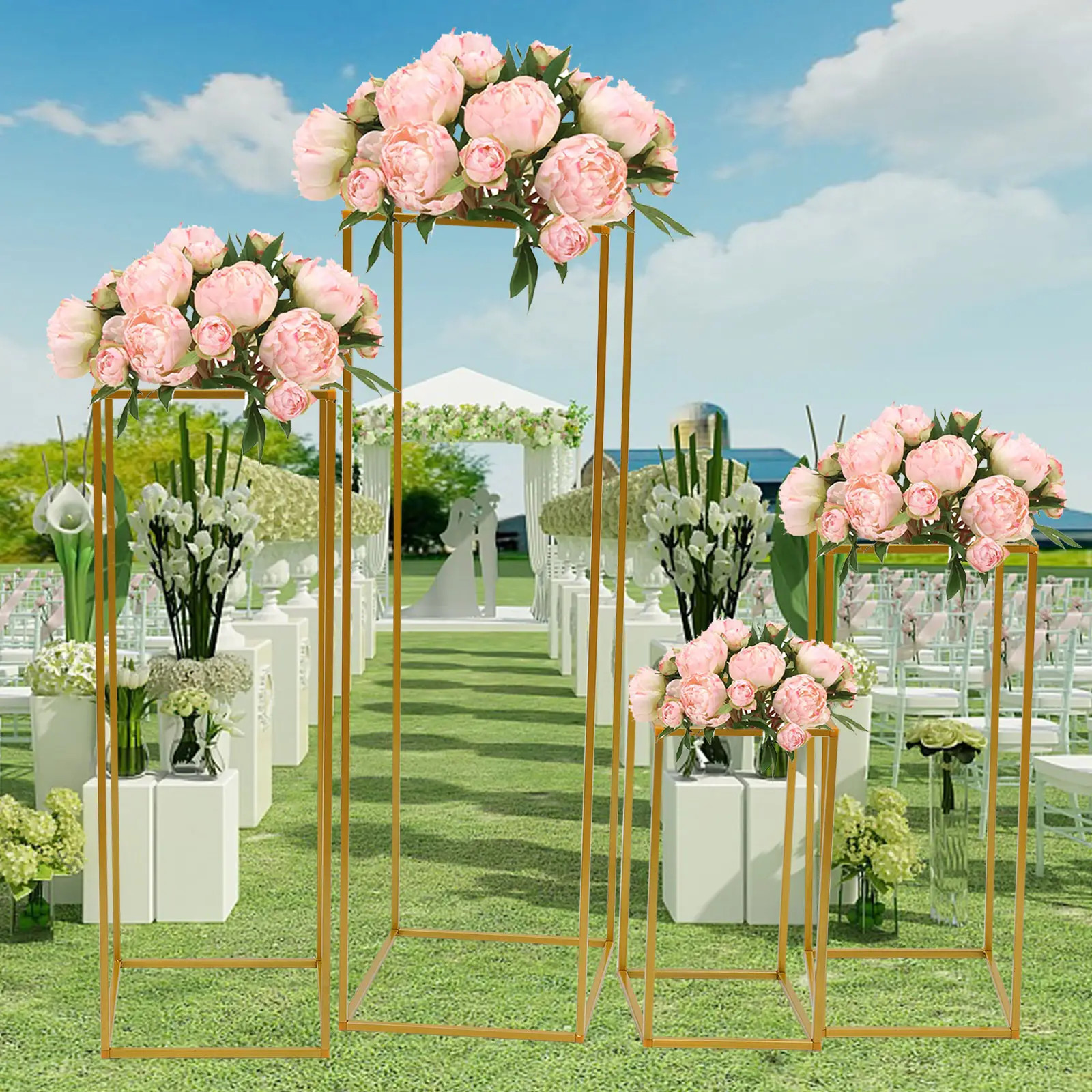 Gold Metal Wedding Flower Stand Floor Vasos Flores Column Stand Road Lead Rack para festa de casamento Evento Aniversário