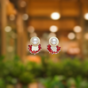 <b>Crystal</b> <b>Earrings</b> 316L Stainless Steel PVD Gold Plating Pearl And Red Gemstone <b>Studs</b> Fashion Jewelry - Product Image 3