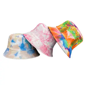 Trendy Printed Tie-dye Bucket Hat Outdoor Sun Denim Bucket Hat Graffiti Reversible Venta al por mayor Sombreros de mujer