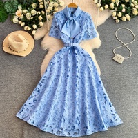 Robe élégante pour femmes WIWT, robe en dentelle rose, coupe évasée, col à nœud, manches courtes, ceinture, robe midi décontractée pour tous les jours, robe de soirée, robes décontractées