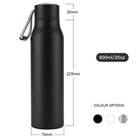 Thermos isotherme en acier inoxydable de 600 ml/20 oz, bouteille d'eau à double paroi facile à transporter pour la salle de sport et le fitness