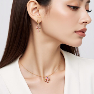Parure Collier et Boucles d'Oreilles Champignon en Acier Inoxydable avec Diamants Colorés Sertis Clos – Bijoux Cadeau pour Femme Été 2025 - Product Image 3