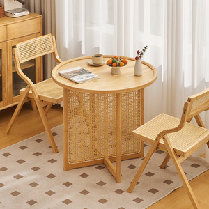 Rattan <b>Round</b> <b>Dining</b> <b>Table</b> And Chair <b>Set</b> Foldable Small Apartment Balcony Use Original Wood Style - Product Image 2