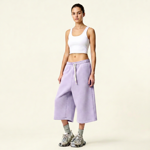 Shorts Harem en Polaire Lavande pour Femme, Taille Haute à Cordon de Serrage, Coupe Ample, Style Jogger, Couleur Unie, Décontracté - Product Image 1