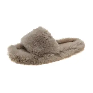 Soft Warm Plush Furry Open Toe Fur Slides Fuzzy Fluffy House Indoor Fashion Fur Slippers For Women