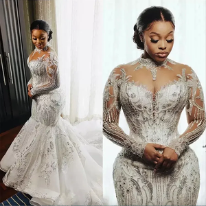 LY-WD0751 ivoire robe de mariée sirène col haut à manches longues avec strass brillants dentelle queue de poisson grande taille robe de mariée africaine - Product Image 6