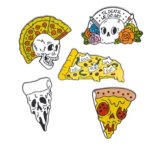 Pines Metalicos Cartoon Cloisonne Hard Soft Enamel Shirt Pizza-Skull Creative Gifts Brooch Custom Metal Clothing Badge Holder