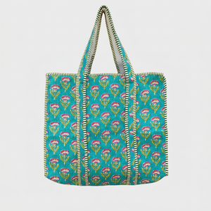 Sac fourre-tout en coton à fleurs turquoise, style bohème, ouvert en dessus, pour le shopping toutes saisons - Product Image 1