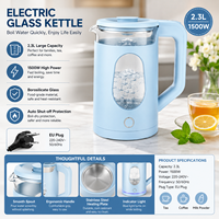 Bouilloire électrique 2,3 L 1500 W Prise UE Bleue Sans Fil avec Fenêtre Visible en Verre pour Cuisine et Bureau Fournisseur en Gros Usine OEM