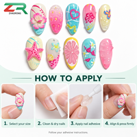 Kuku Palsu Summer Almond Press On Nail 3D Motif Bunga Bintang Laut Hati Buah Nail Art Mengkilap Pink Biru Kuning untuk Wanita Liburan Pantai