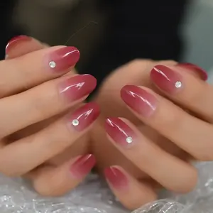 Gel Gel Nails Ombre borgogna stampa sulle unghie strass decorato ovale unghie artificiali per tutti i giorni con adesivo L5459
