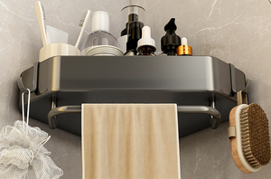 OEM دش العلبة رف المرحاض الزاوية مزدوجة الطبقة منظم خزانة معلقة الحمام أسود الجدار حامل تخزين رفوف - Product Image 6