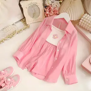 2024 Korea style girls 3 pc set shirt+ vest+shorts cool good quality summer fashion girls suit 3-10t