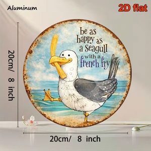 Rundes Vintage-Metallschild, Niedlicher Möwchen mit Pommes-Frites, Lustiges Strand-Zitat, Kreisförmige Wandplakette, Küsten- und Seehaus-Dekoration - Product Image 6