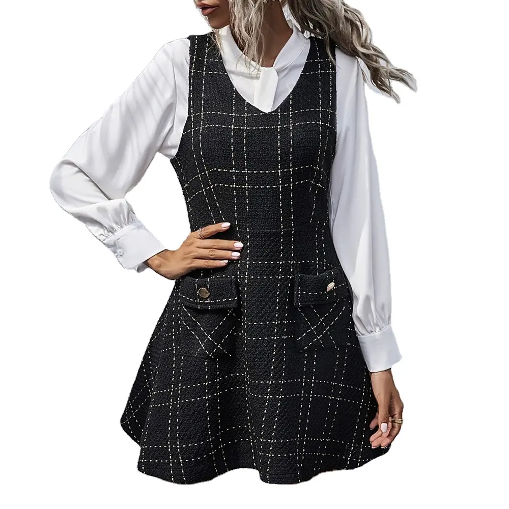 2021 Hot sale Fashion Two pocket Black and white grid dress V-neck Plaid Tweed Sleeveless A-line casual Dresses