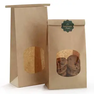 Bolsa de café con ventana bolsas de comida Kraft marrón panadería reciclada grado alimenticio éxito de ventas