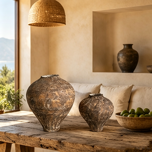 Set di Vasi in Ceramica Intagliati a Mano con Effetto Terra Screpolata Marrone, Decorazione Rustica Costiera per Tavolo in Legno - Product Image 1