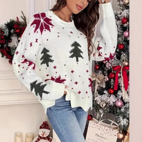 Pull en maille jacquard blanc pour femme, motif flocon de neige et sapin de Noël, col rond, ourlet festonné, coupe ample, doux, décontracté, pour les fêtes