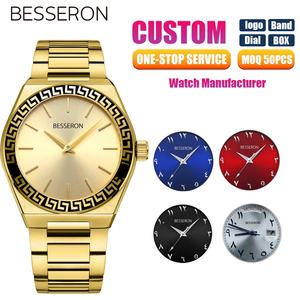 Reloj de Lujo para Hombre, Diseño Ejecutivo, Números Arábigos Dorados, Esfera Azul, Acero Inoxidable Japonés de 42 mm, Cuarzo, con Soporte Personalizado - Product Image 1