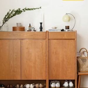 Jumping Shoe <b>Cabinet</b> Solid Wood Rattan Entryway Storage Japanese Retro Style For <b>Small</b> Apartments - Product Image 1