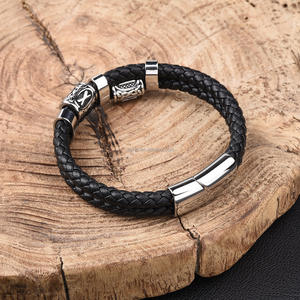 Pulsera de Cuero <span class=keywords><strong>para</strong></span> Hombre con Runas Vikingas de Acero Inoxidable, Pulsera de Cuero Genuino, Pulsera Punk Vikinga, Regalo <span class=keywords><strong>para</strong></span> Él - Product Image 3