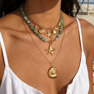 สร้อยคอธีมมหาสมุทรแบบหลายชั้น ประดับด้วยจี้รูปปลาดาวและเปลือกหอย ชุบทอง ประดับด้วยลูกปัดหินธรรมชาติ สำหรับทริปไปเที่ยวทะเล เครื่องประดับแฟชั่น - Product Image 1