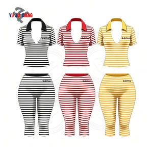 Completo da Vacanza Y2K a Righe, Set 2 Pezzi con Top Corto a V in Cotone e Spandex, Abbigliamento Fitness per Donna - Product Image 3