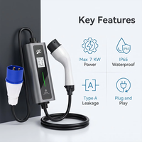 Chargeur EV portable 7KW Type 2, chargeur de voiture électrique intelligent, IP65 IK08, résistant aux chocs, câble TPU pour la maison, les voyages, vente en gros
