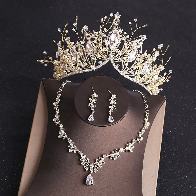 Bridal Jewelry Sets Rhinestone Crystal Gold Tiara Crown Earrings Necklace Wedding Bride Luxury Jewelry Set