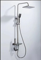Mitigeur de douche moderne gris anthracite avec barre coulissante, double poignée, pommeau carré en laiton, robinets chaud/froid sur pied
