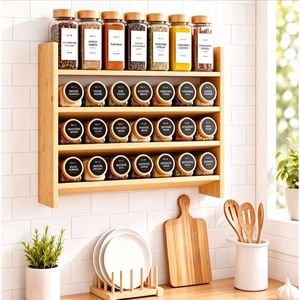 Étagère à épices en bois massif à 4 niveaux, murale, pour ranger les épices et autres articles de cuisine - Product Image 1
