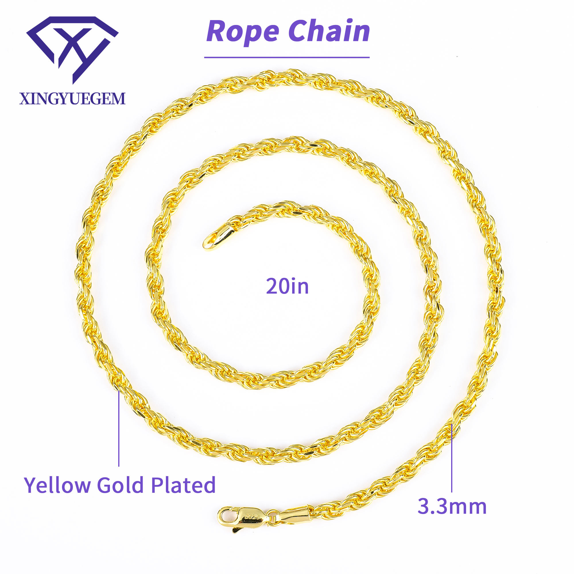 20inch 2.8mm yellow rope chain